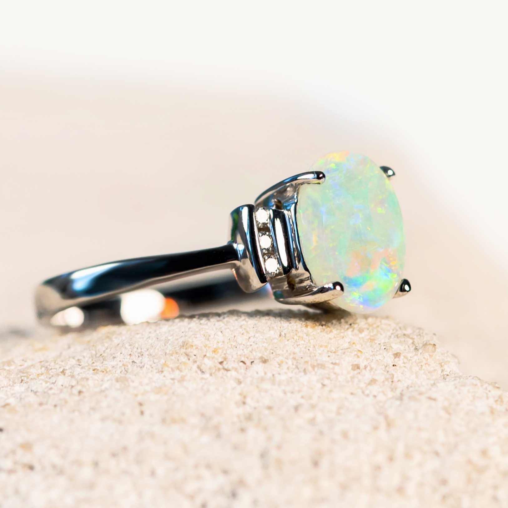 crystal opal and diamond white gold ring