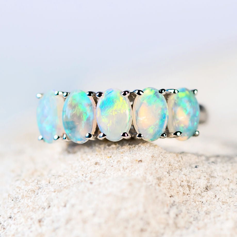 'Luciana' White Gold Australian Crystal Opal Ring - Black Star Opal