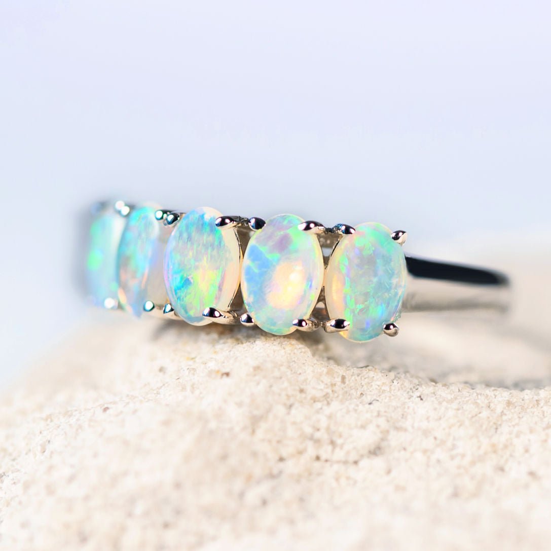 'Luciana' White Gold Australian Crystal Opal Ring - Black Star Opal