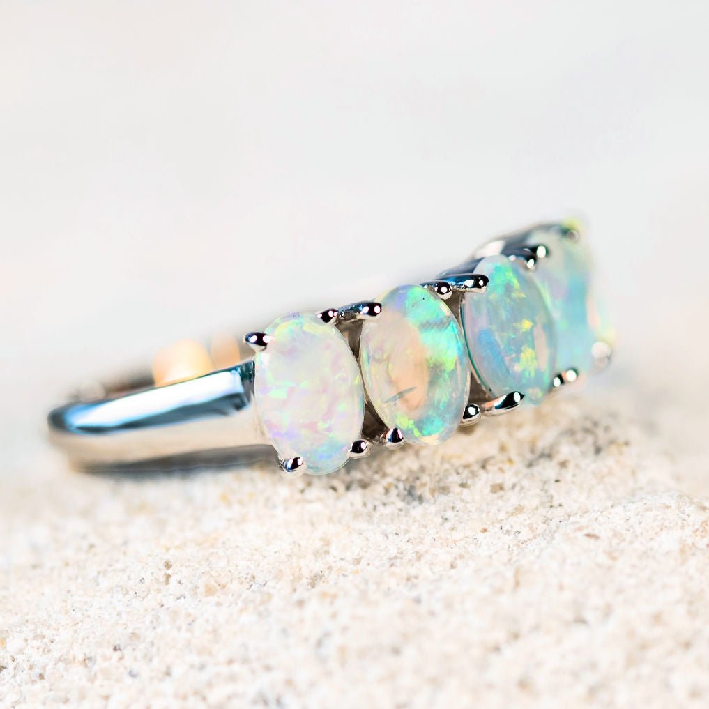 'Luciana' White Gold Australian Crystal Opal Ring - Black Star Opal