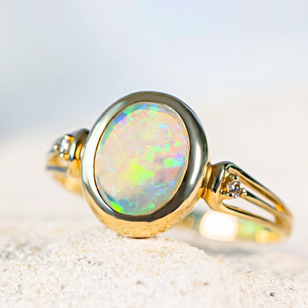 'Lucila' Gold Australian Crystal Opal Ring - Black Star Opal