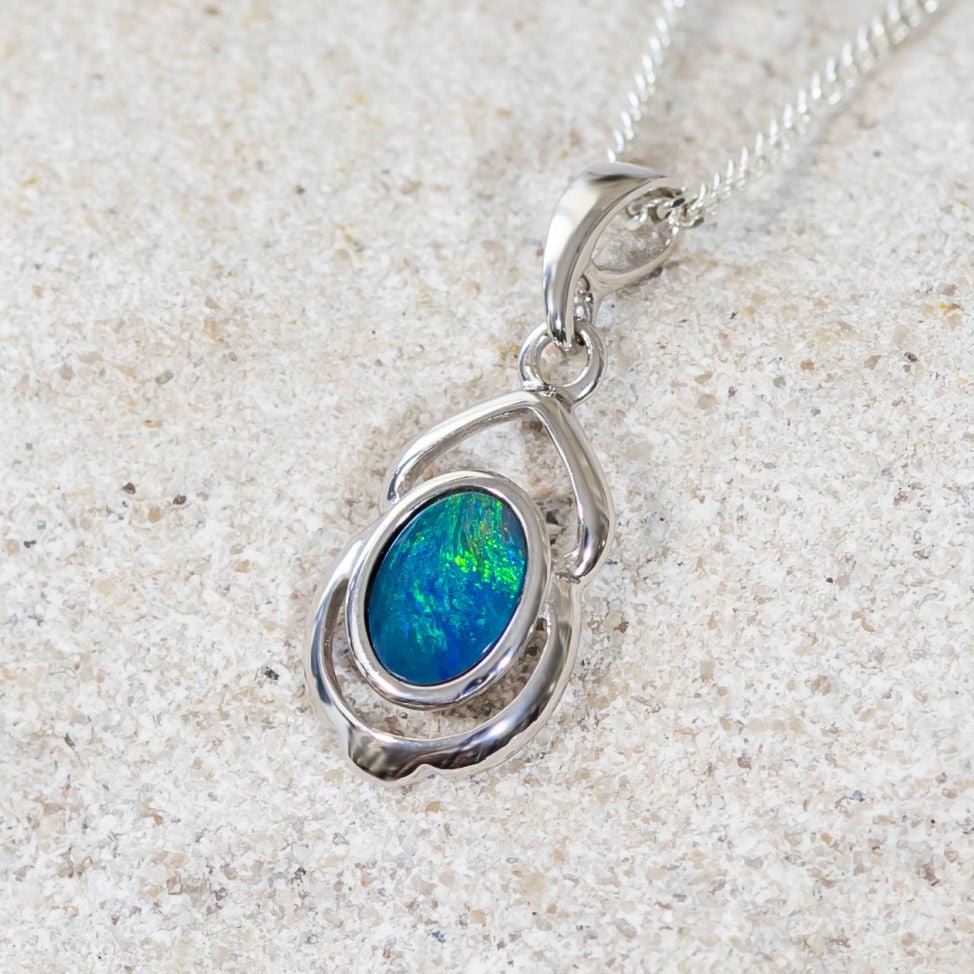 'Lydia' Silver Australian Doublet Opal Necklace Pendant - Black Star Opal