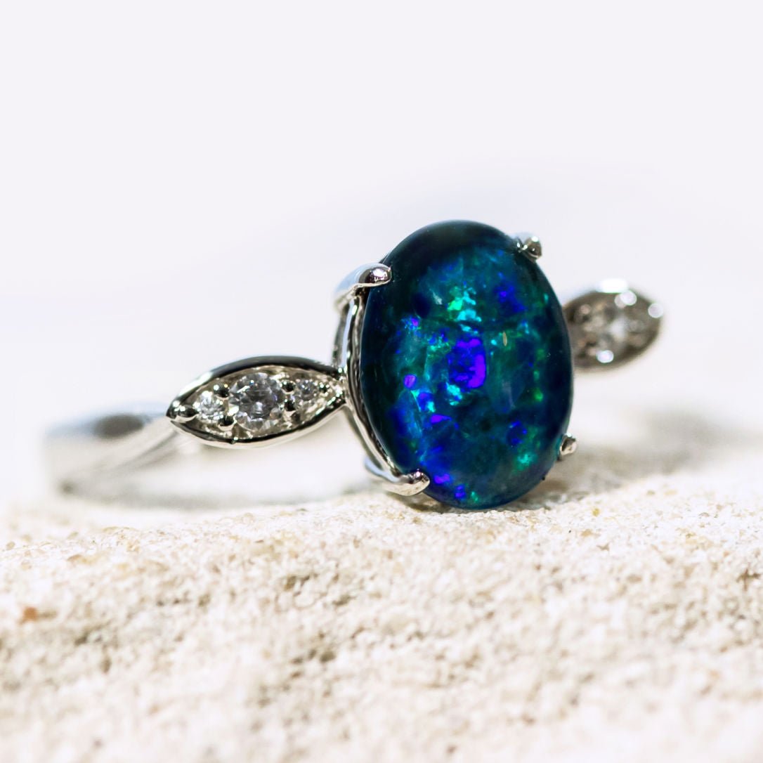 'Marina' Silver Australian Triplet Opal Ring - Black Star Opal