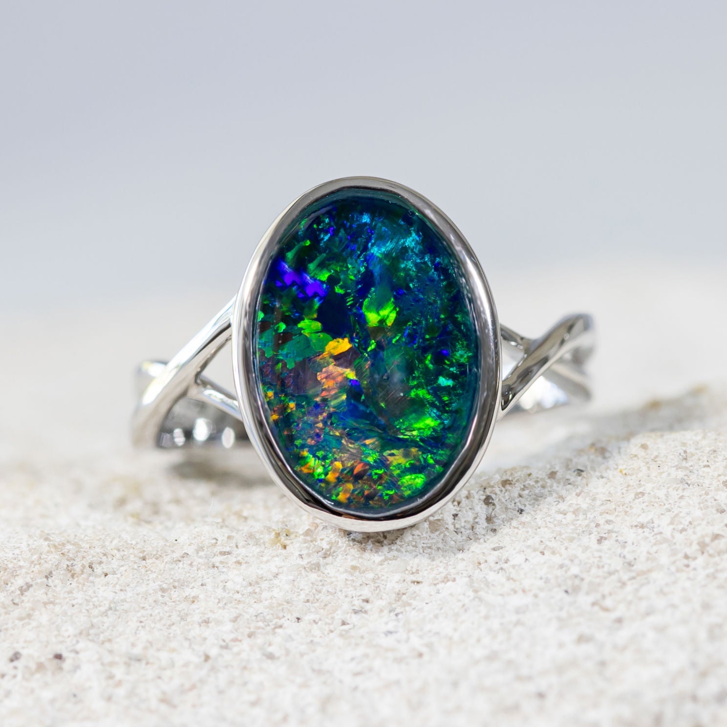 'Mia' White Gold Australian Triplet Opal Ring - Black Star Opal