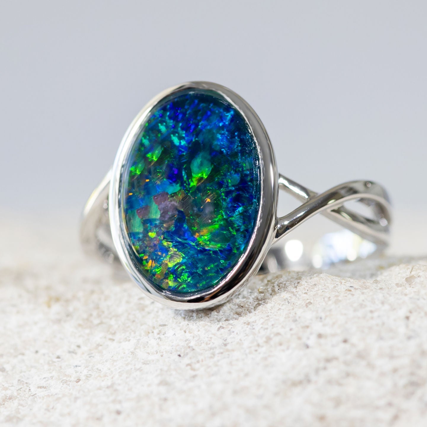 'Mia' White Gold Australian Triplet Opal Ring - Black Star Opal