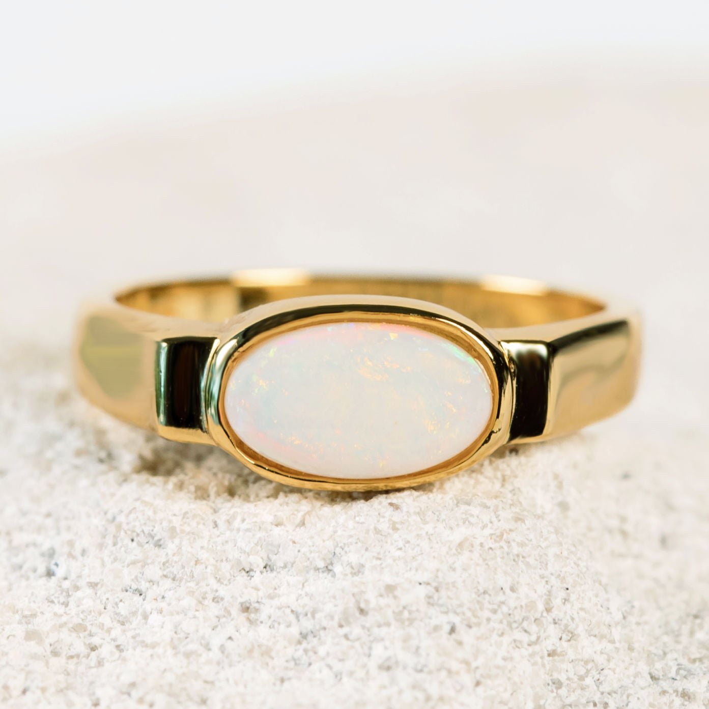 colourful oval white opal gold plated silver ring