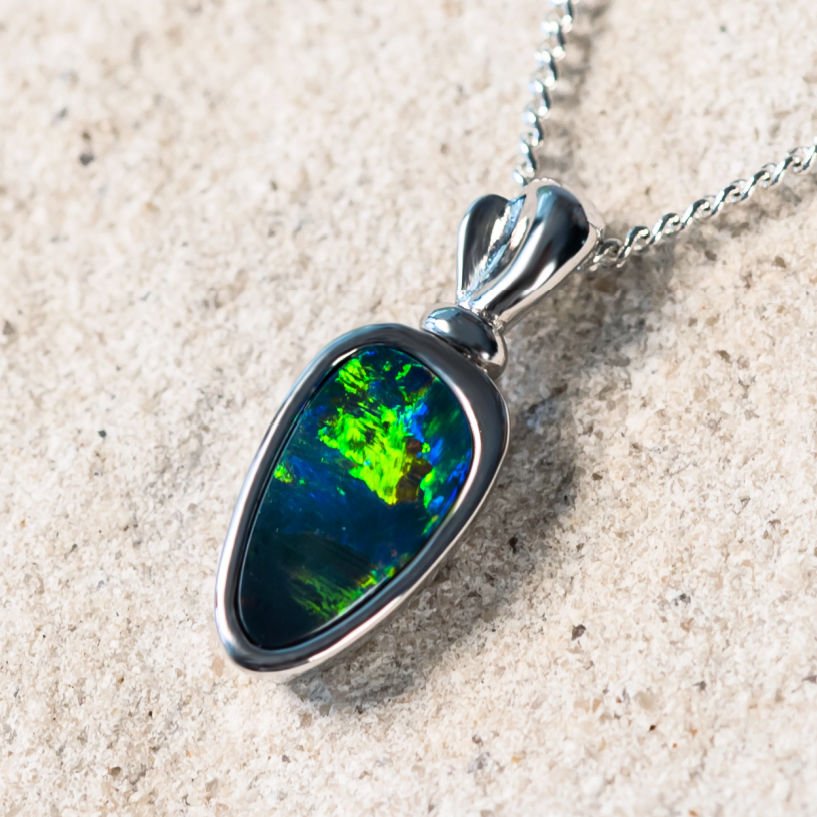 'Nalani' Silver Australian Doublet Opal Necklace Pendant - Black Star Opal