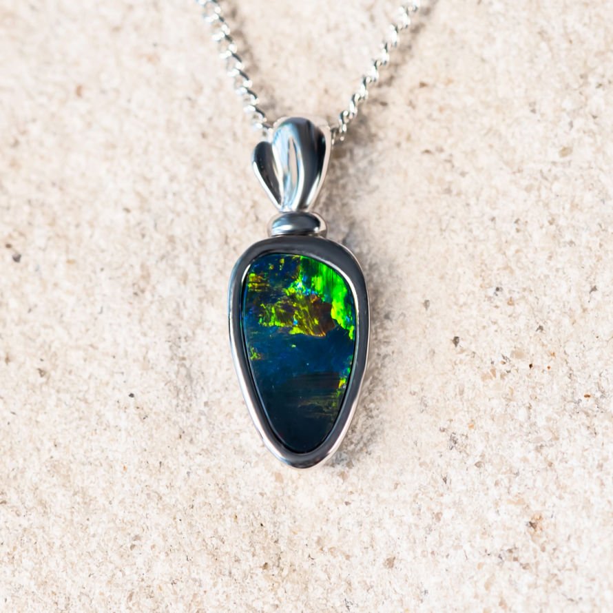 'Nalani' Silver Australian Doublet Opal Necklace Pendant - Black Star Opal