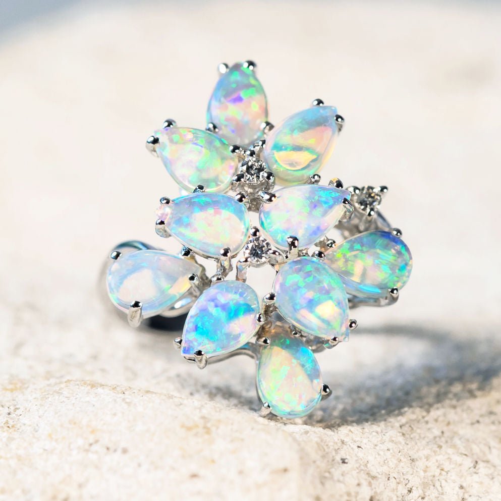 'Natasha' White Gold Australian Crystal Opal Ring - Black Star Opal