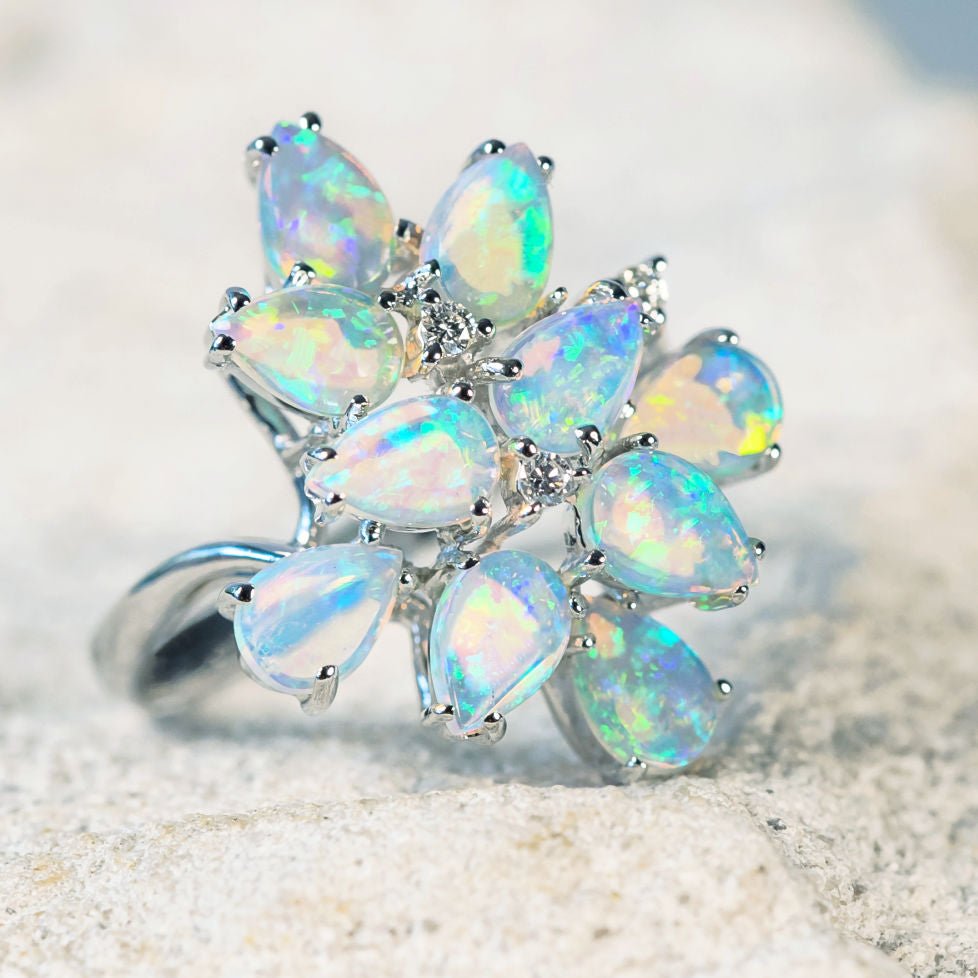 'Natasha' White Gold Australian Crystal Opal Ring - Black Star Opal