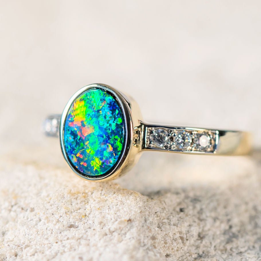 'Noa' Gold Australian Doublet Opal Ring - Black Star Opal