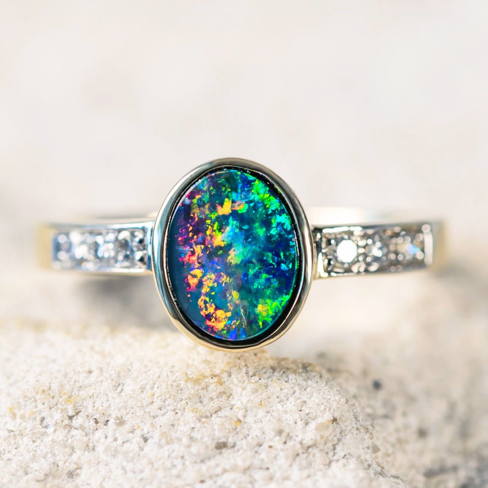 'Noa' Gold Australian Doublet Opal Ring - Black Star Opal