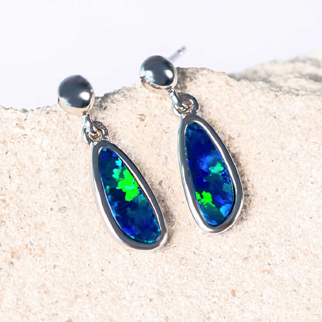 green and blue doublet opal silver earrings