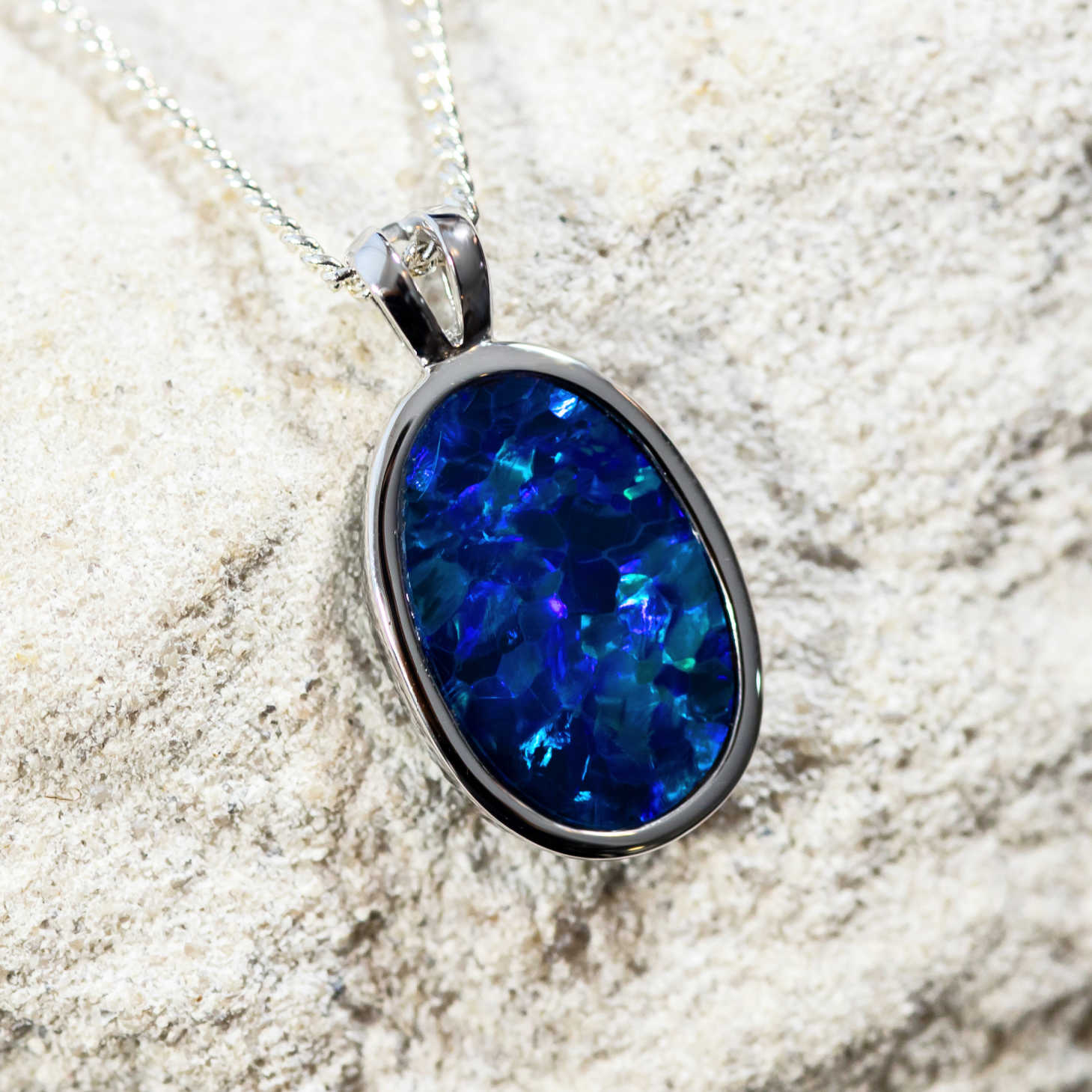 'Ocean Abyss' White Gold Australian Doublet Opal Necklace Pendant - Black Star Opal