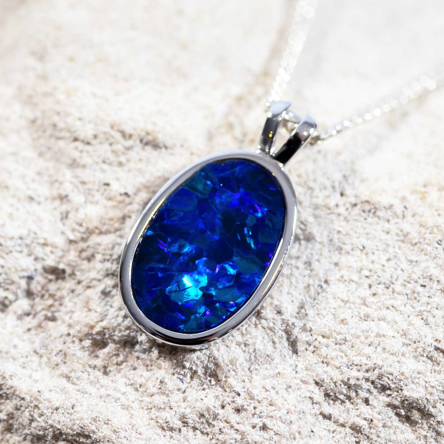 'Ocean Abyss' White Gold Australian Doublet Opal Necklace Pendant - Black Star Opal