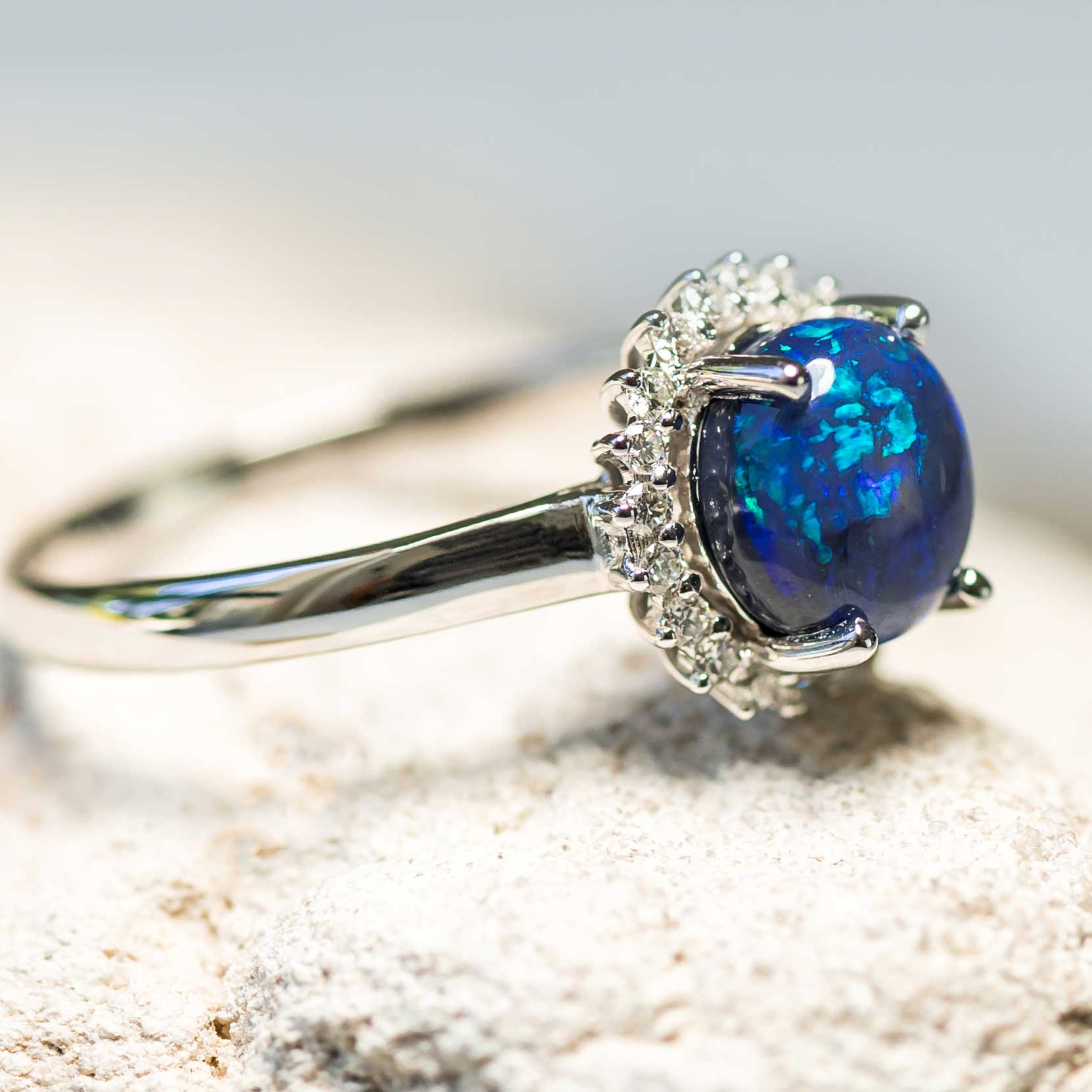 ‘Ocean Princess’ White Gold Australian Black Opal Ring - Black Star Opal