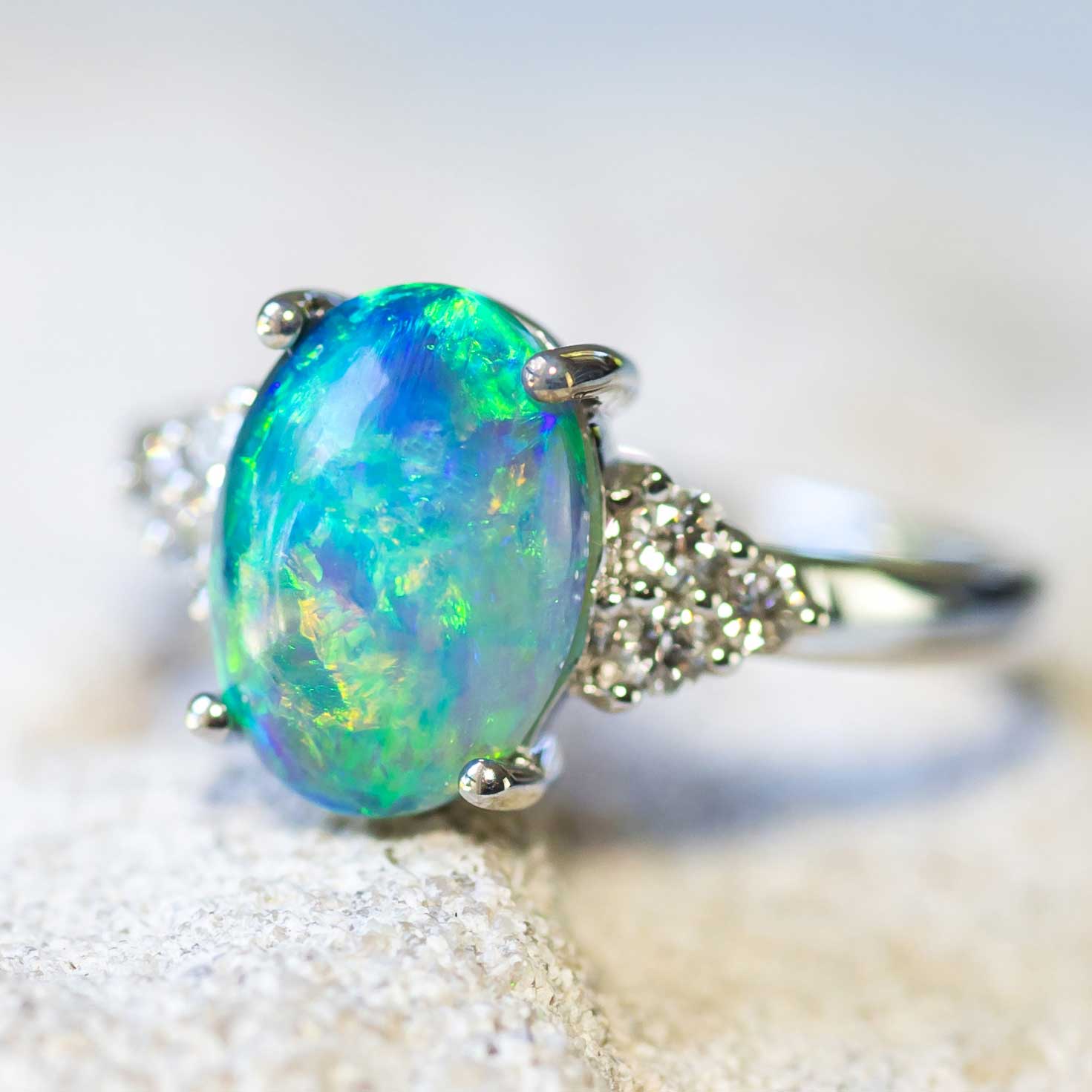 'Opal Queen' White Gold Australian Crystal Opal Ring - Black Star Opal