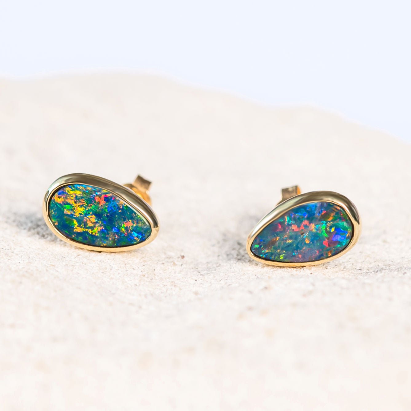 'Paola' Gold Australian Doublet Opal Earrings - Black Star Opal