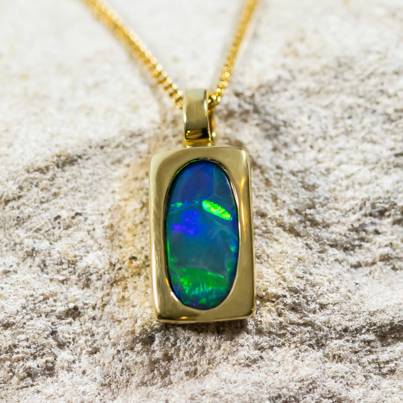 ‘Peacock’ Gold Australian Black Opal Necklace Pendant - Black Star Opal