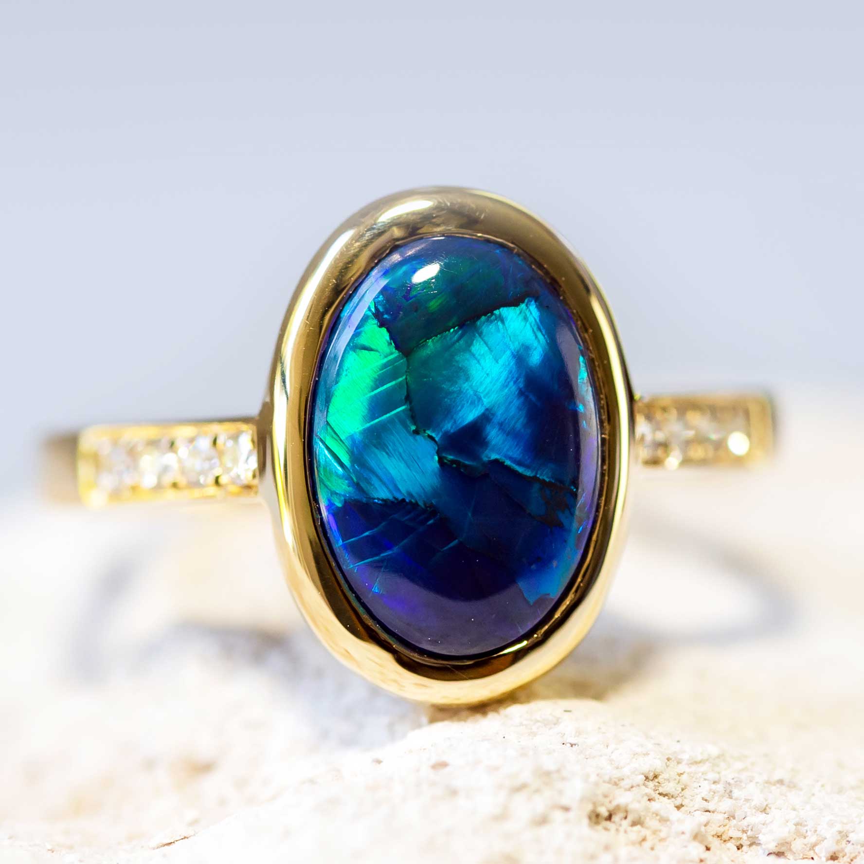 'Peacock Jewel' Gold Australian Black Opal Ring - Black Star Opal