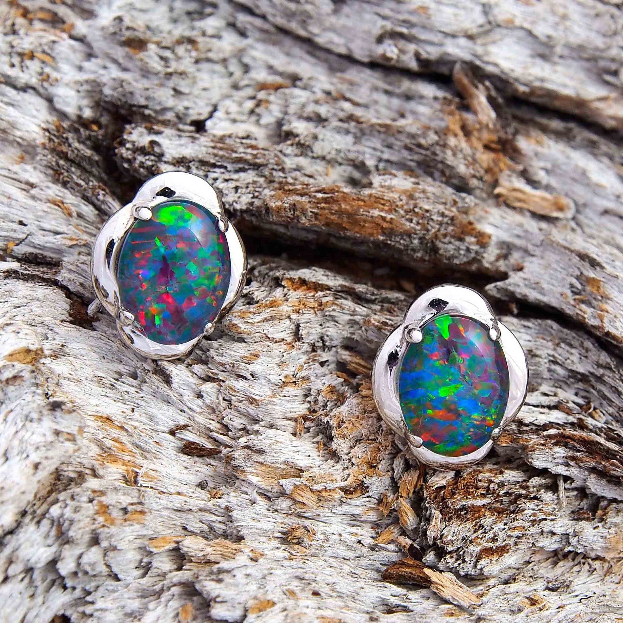 ‘Petal’ Silver Australian Triplet Opal Earrings - Black Star Opal