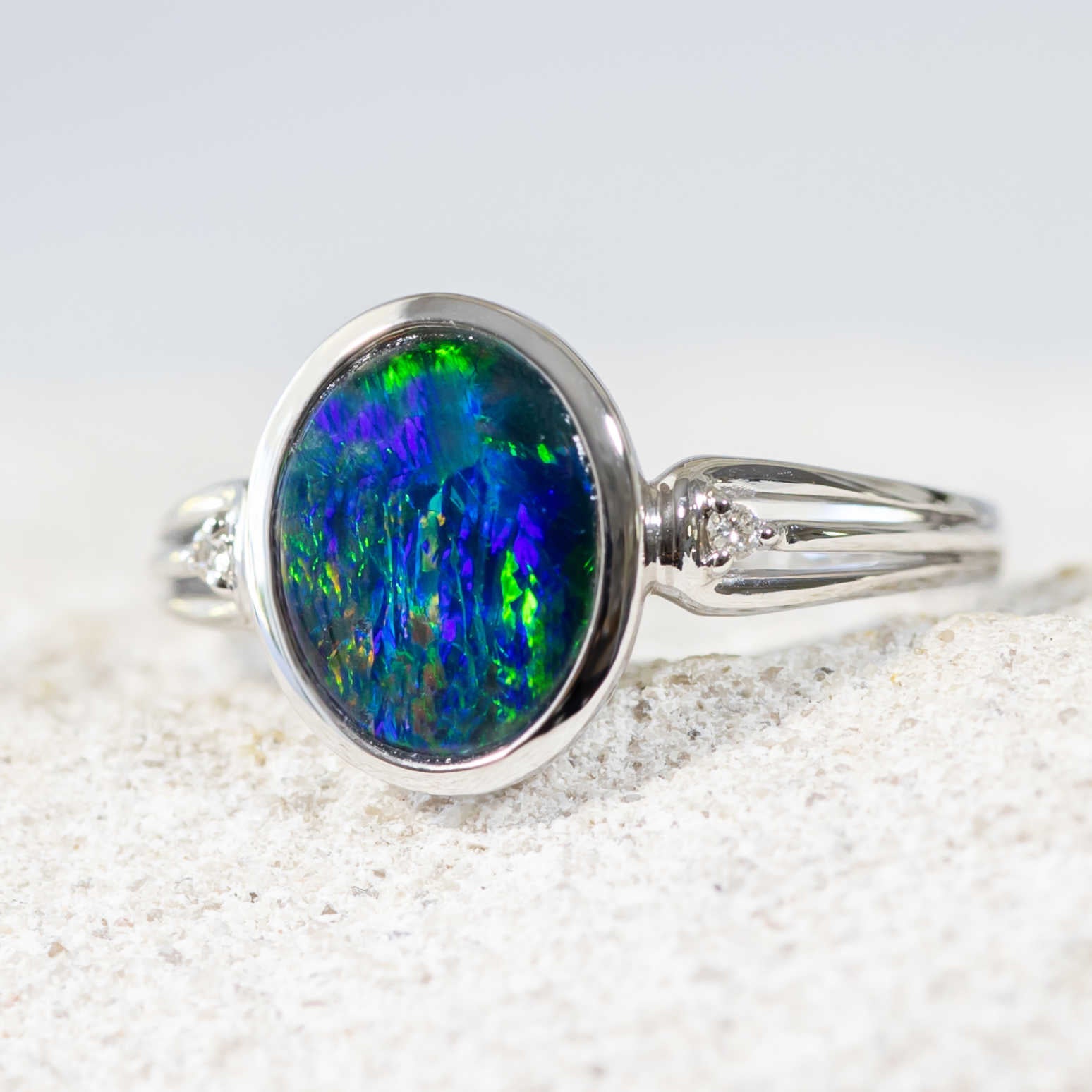 'Savara' White Gold Australian Triplet Opal Ring - Black Star Opal