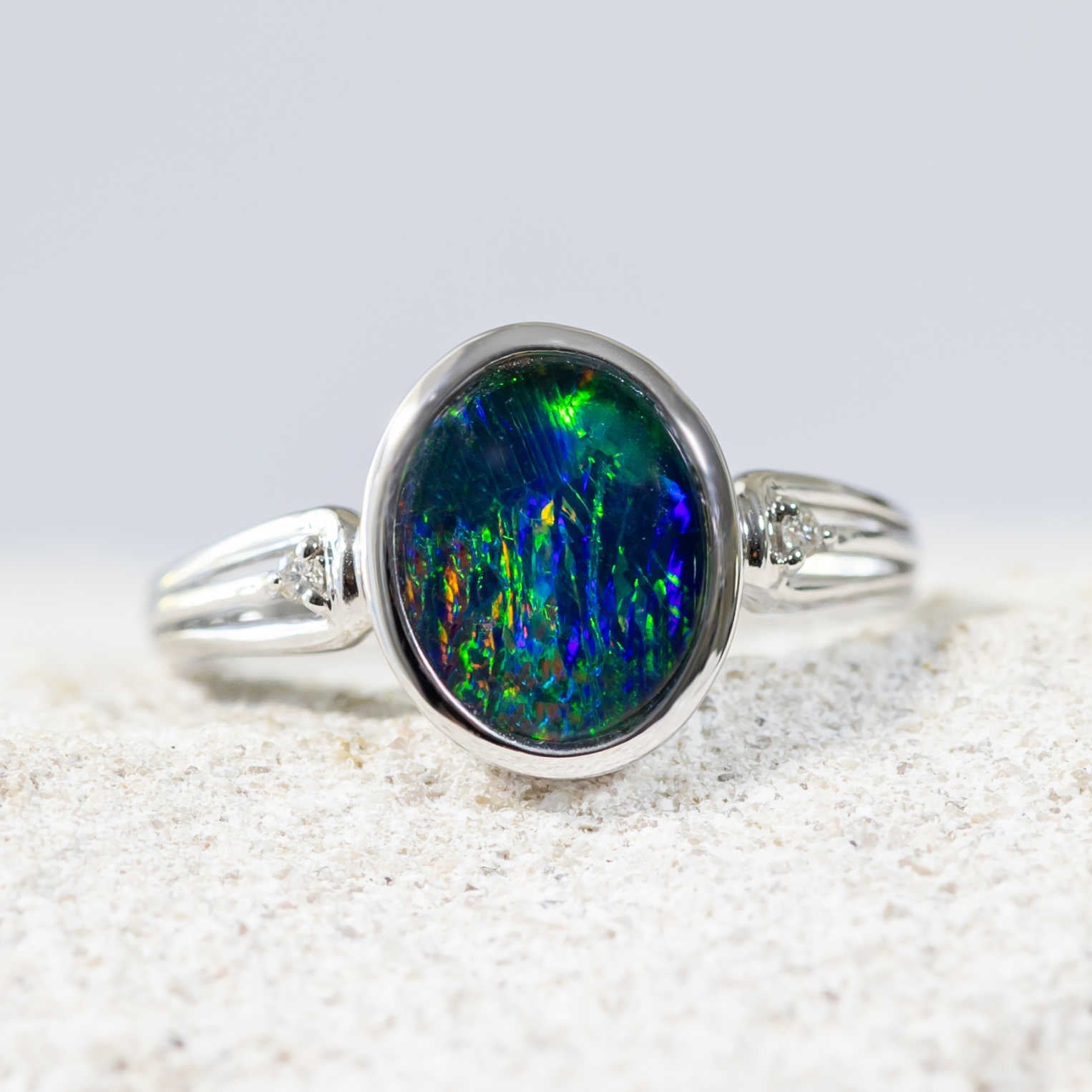 'Savara' White Gold Australian Triplet Opal Ring - Black Star Opal