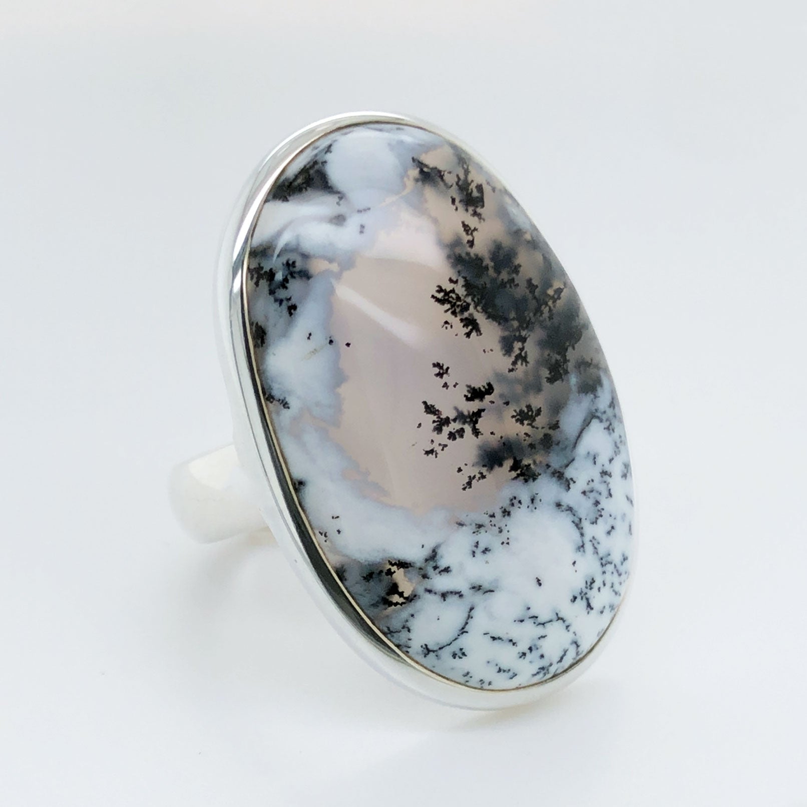 Silver Dendritic Agate Gemstone Ring - Black Star Opal