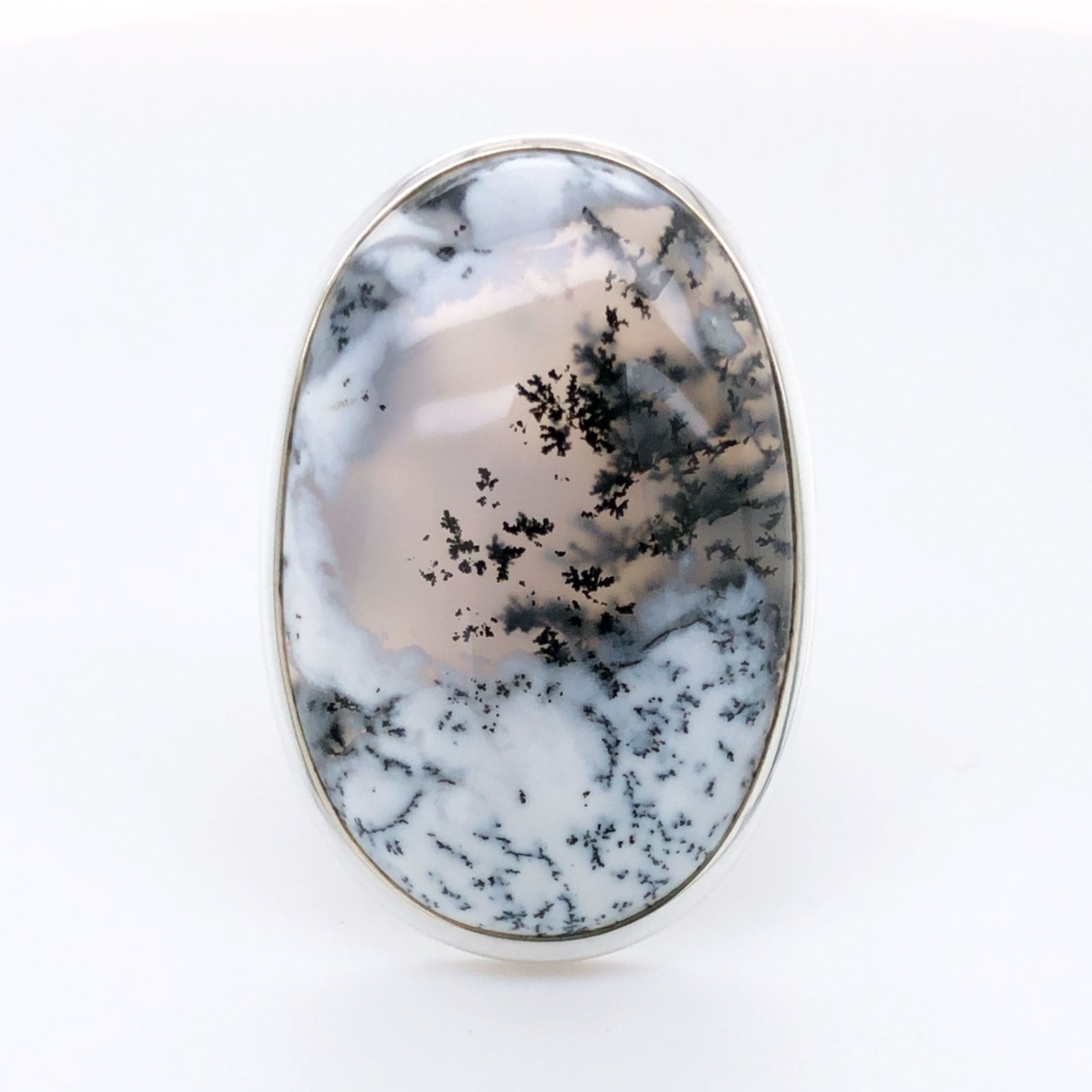 Silver Dendritic Agate Gemstone Ring - Black Star Opal