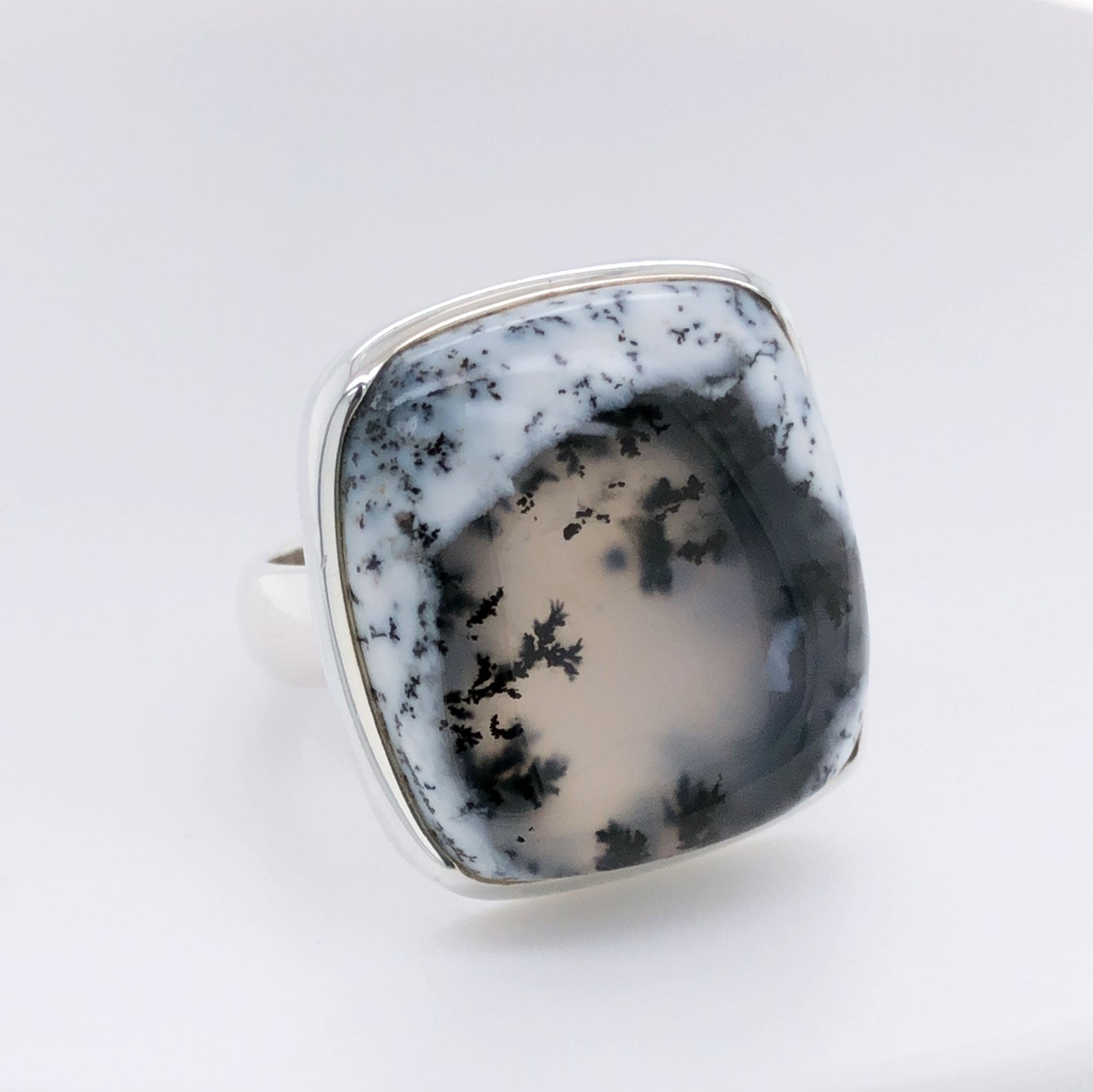 Silver Dendritic Agate Gemstone Ring - Black Star Opal