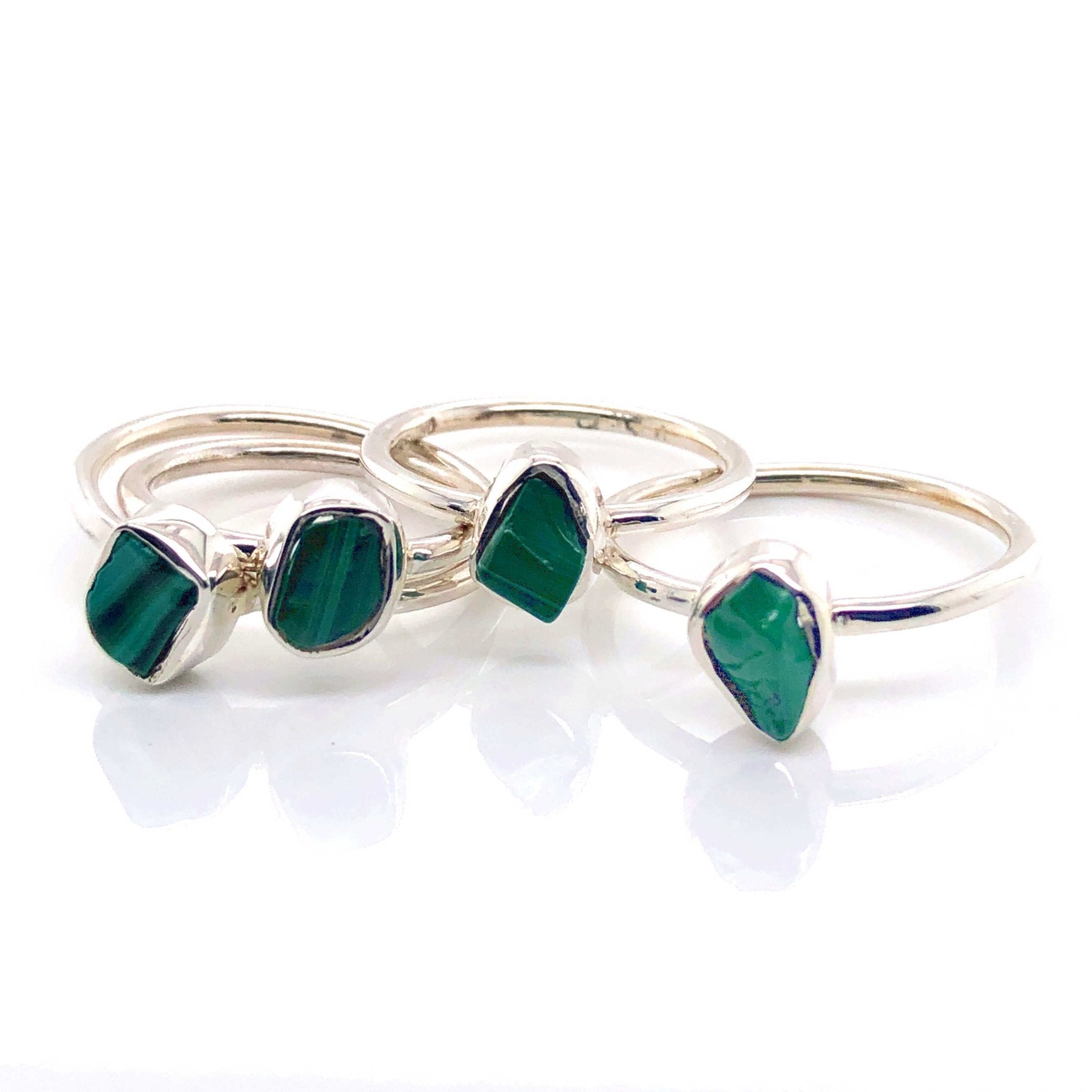 Silver Malachite Stackable Gemstone Ring - Black Star Opal