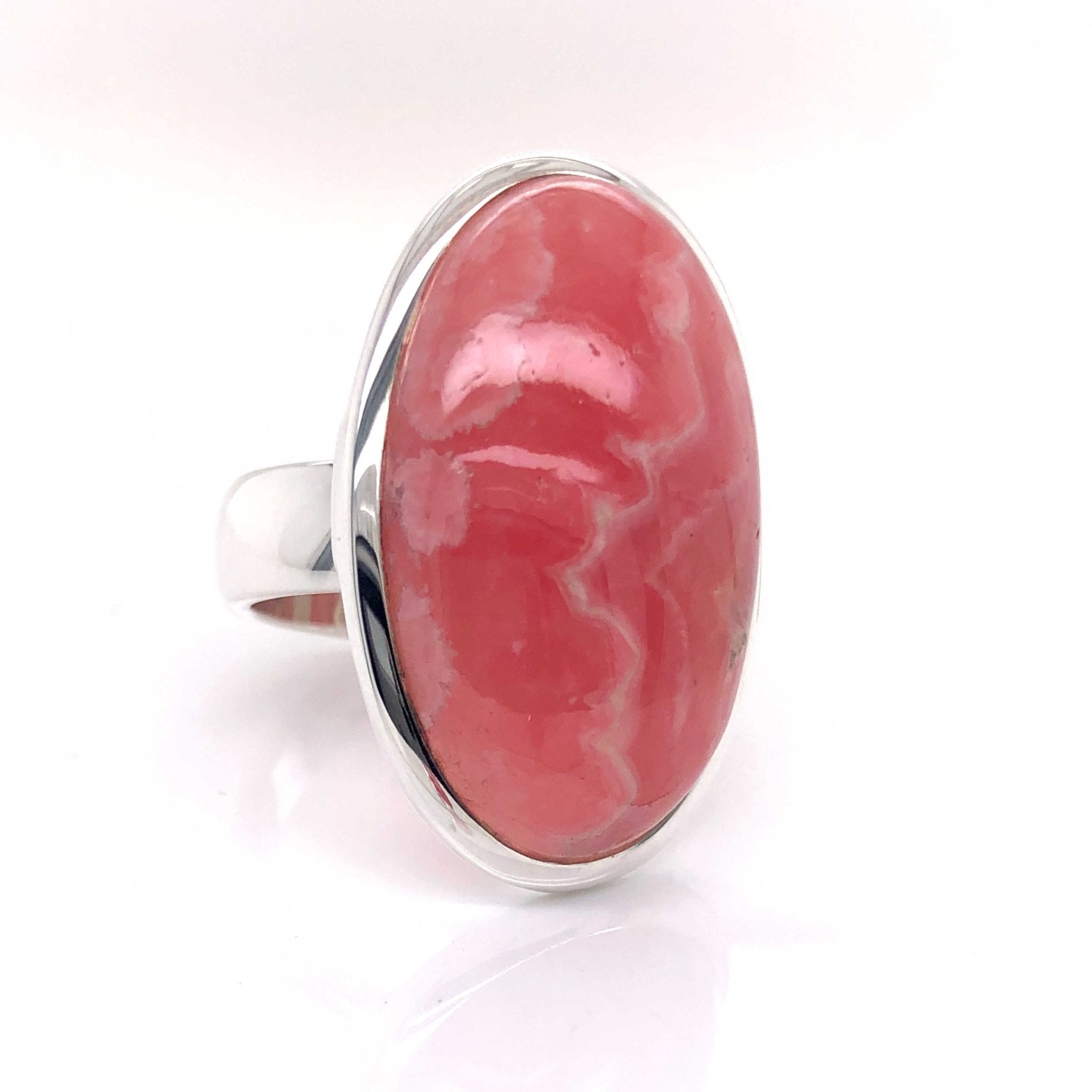 Silver Rhodochrosite Gemstone Ring - Black Star Opal