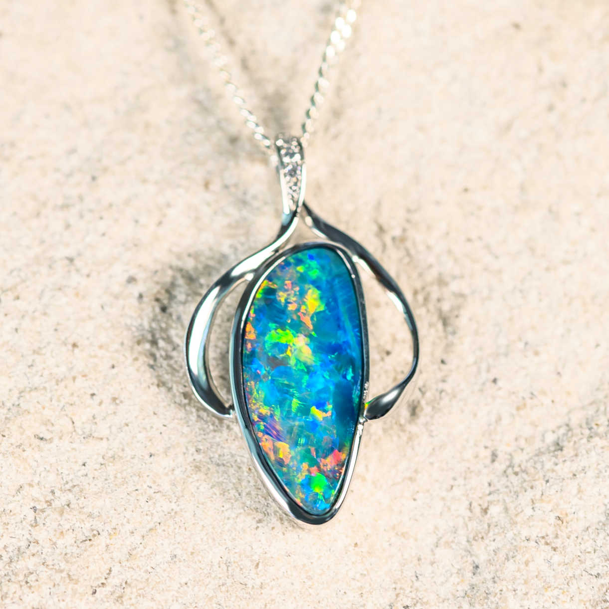 'Spring Bouquet' White Gold Doublet Opal Necklace Pendant - Black Star Opal