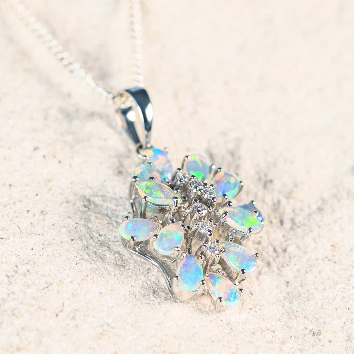 'Valerie' White Gold Crystal Opal Necklace Pendant - Black Star Opal