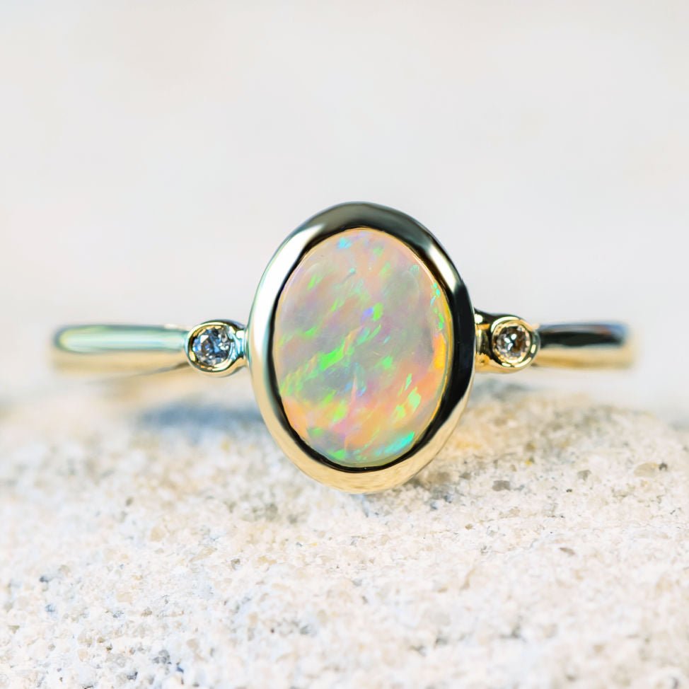 'Viviana' Gold Australian Crystal Opal Ring - Black Star Opal