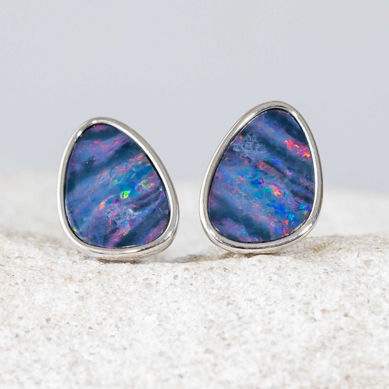 'Zahra' Silver Australian Doublet Opal Earrings - Black Star Opal