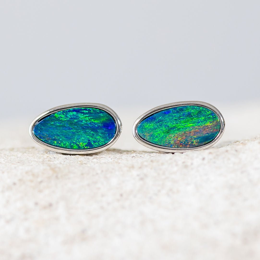 'Zara' Silver Australian Doublet Opal Earrings - Black Star Opal