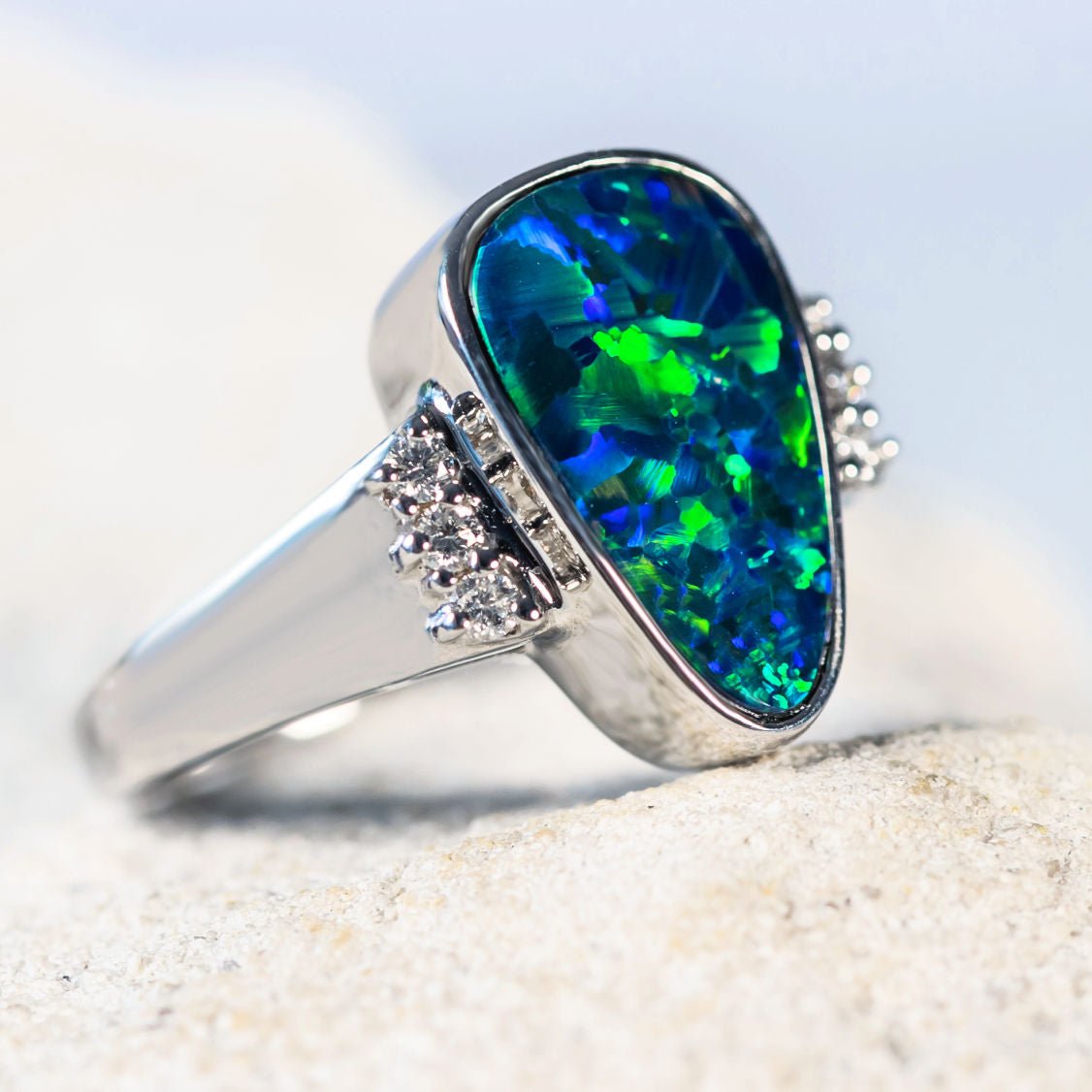 'Zuri' White Gold Australian Doublet Opal Ring - Black Star Opal