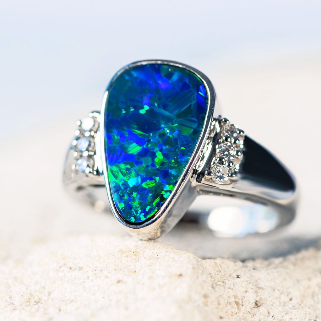 'Zuri' White Gold Australian Doublet Opal Ring - Black Star Opal